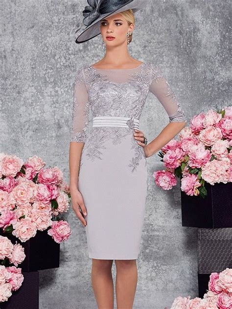 Sheathcolumn Scoop 34 Sleeves Knee Length Satin Applique Mother Of The Bride Dresses At