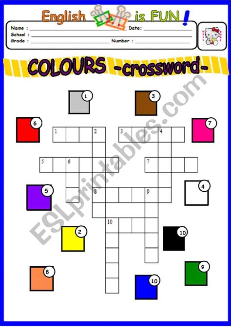 English Worksheets Colours Crossword Puzzle