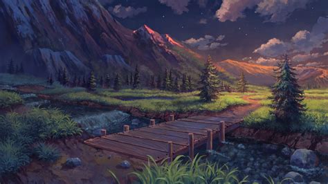 Download 1920x1080 Anime Landscape Mountains Scenic Clouds Stars