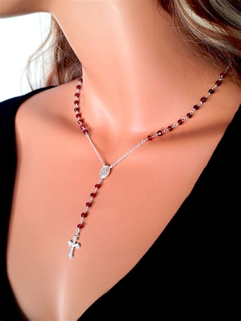 Sterling Silver Rosary Necklace Garnet Gemstone Womens Cross Etsy