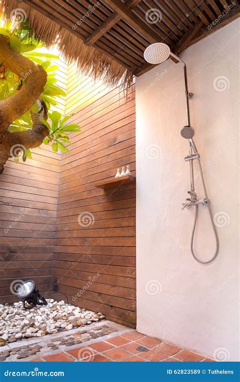 Tropical Outdoor Shower Surrounded With Bamboo Walls Royalty Free Stock
