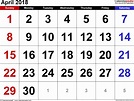 April 2018 - calendar templates for Word, Excel and PDF