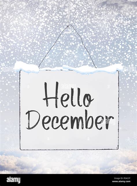 Hello December Text On White Plate Board Banner With Cold Snow Flakes