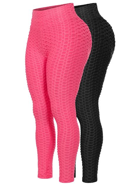 Mixmatchy Womens 2 Pack High Waist Textured Butt Lifting Slimming Workout Leggings Tights