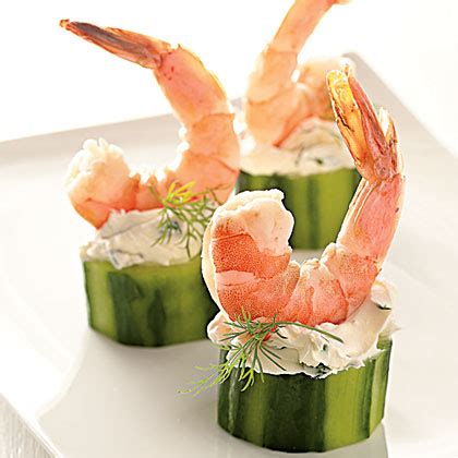 This shrimp appetizer features blackened shrimp atop creamy avocado and a cucumber slice. Shrimp in Cucumber Cups Recipe | MyRecipes