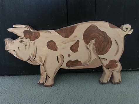 Brown Spotted Pig Farmhouse Wooden Wall Art Handcrafted Piggy