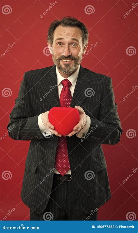 For My Sweetheart Man Mature Handsome Guy Wear Elegant Suit Hold Red Heart Valentines Day