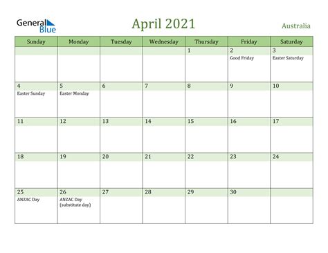 And see for each day the sunrise and sunset in april 2021 calendar. April 2021 Calendar - Australia