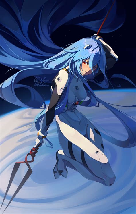 Safebooru 1girl Arm Up Artist Name Ayanami Rei Bangs Blue Hair Blue Theme Bodysuit Colored