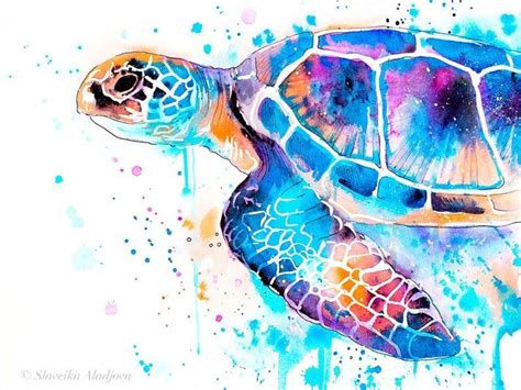 Blaue Meeresschildkröte Aquarellmalerei Druck von Slaveika Aladjova