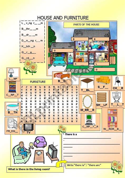 Complete The Furniture Words In The Crossword - Worksheet for kids to practise parts of the house and furniture