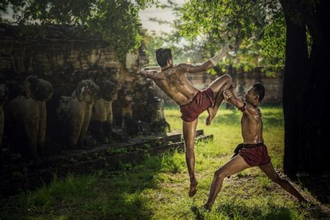 premium photo martial arts of muay thai thai boxing at ayutthaya historical park in ayutthaya