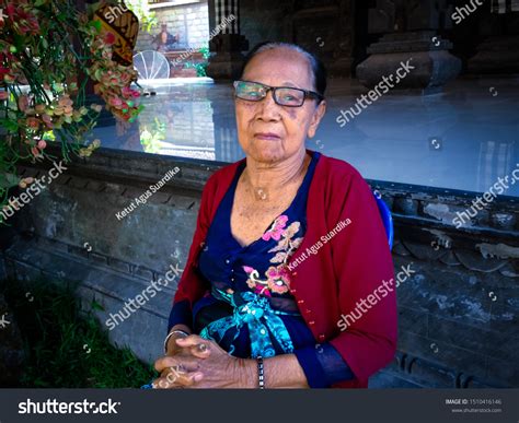 Grandmother Sitting Front Wantilan Traditional Balinese Stock Photo