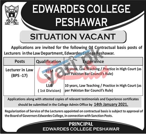 Lecturer Jobs In Edwardes College Peshawar Ecp Yaripk Jobs