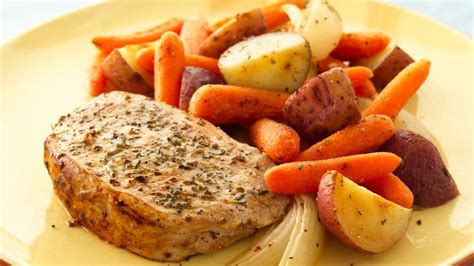 Grill the pork loin for a few minutes on high, or until dark grill marks appear on all sides of the pork. Herb Roasted Pork Chops and Vegetables Recipe ...