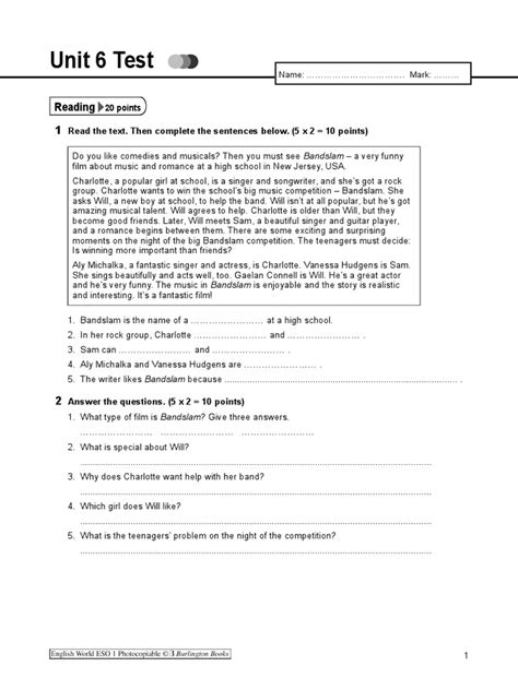 Focus 3 unit 2 test online worksheet for intermediate. UNIT 6 TEST | Grammar | Syntax