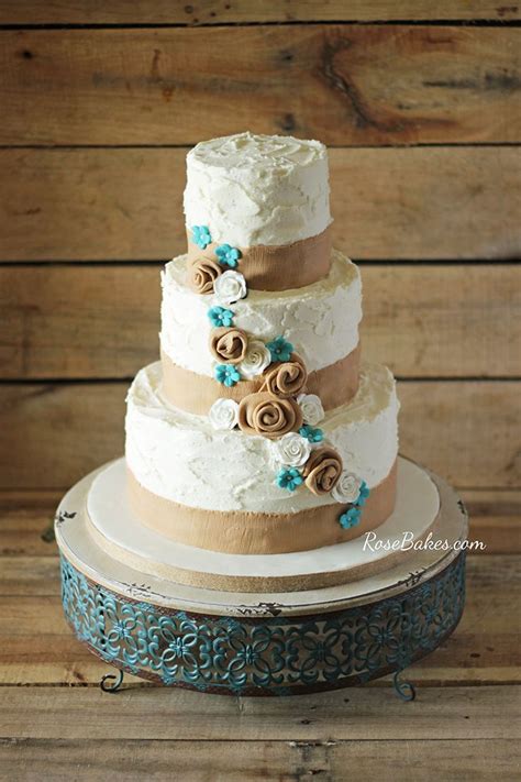 Rustic Burlap And Turquise Flowers Wedding Cake Rose Bakes Wedding Cake