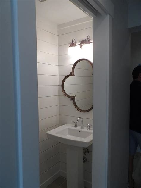 Wood Quatrefoil Mirror Over Pedestal Sink Transitional Bathroom