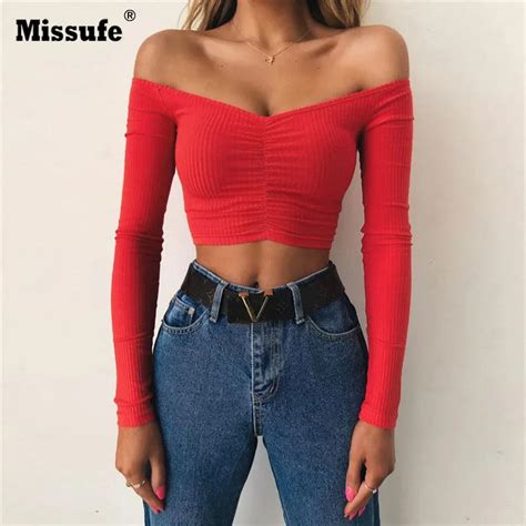 Missufe Slash Neck Slim Exposed Navel T Shirt Long Sleeve Ruched Short