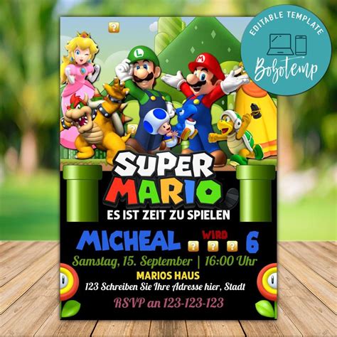 Super Mario Geburtstagsfeier Bearbeitbare Einladung Bobotemp