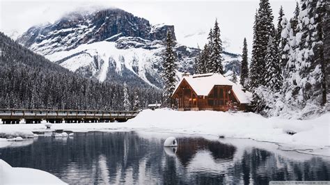 Rustic Cottage Lake Mountain Winter Snow Ultra Hd