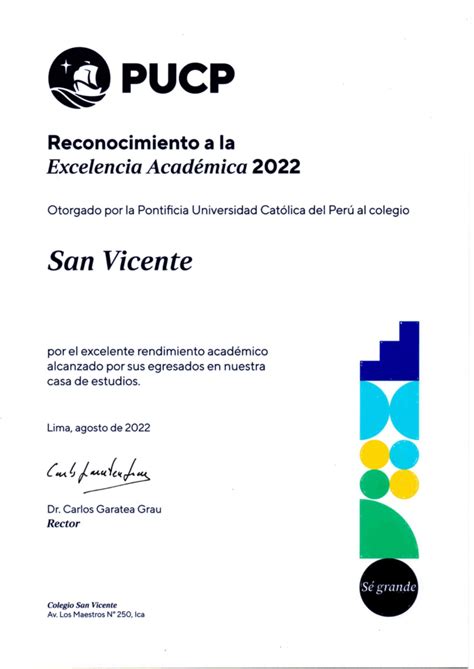 Diploma De Excelencia Academica Pucp 2022 Colegio San Vicente Ica