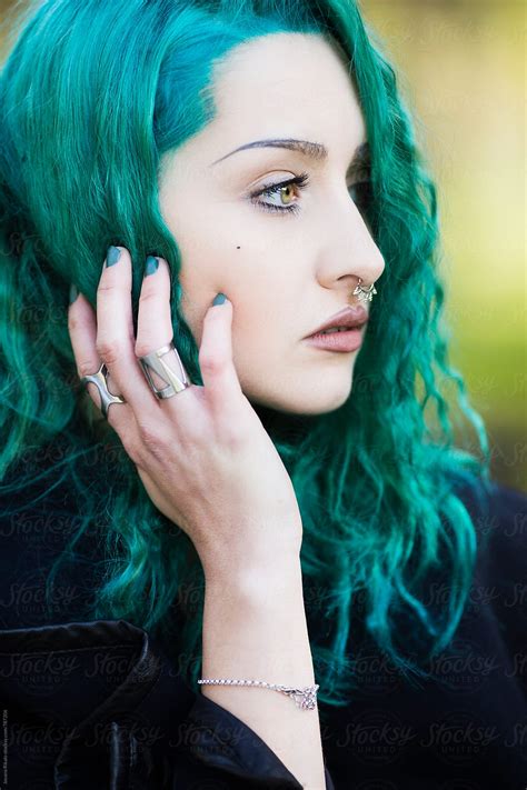 Portrait Of A Beautiful Young Woman With Green Hair And Eyes By Stocksy Contributor Jovana