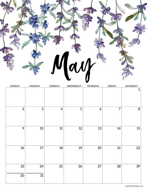 May 2021 Calendar Page With Purple Lavendar Flowers Flower Calendar
