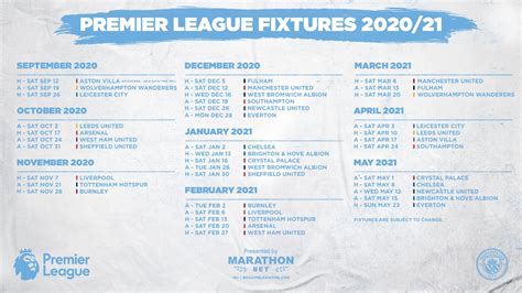 Premier league scores, results and fixtures on bbc sport, including live football scores, goals and goal scorers. Complete Manchester City 2020/21 Premier League Fixtures ...