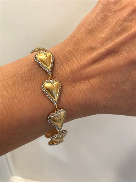 Brushed Gold Heart And Pave 2 Tone Gold Heart Bracelet Micro Pave Heart