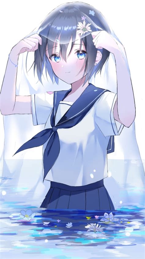 Wallpaper Cute Anime Girl School Uniform Short Hair Blue Eyes Veil