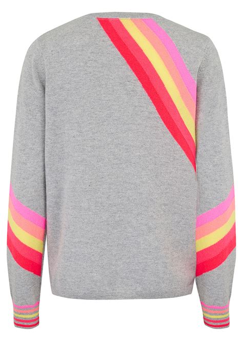 Cocoa Cashmere Diagonal Rainbow Stripe Cashmere Sweater Grey Pink