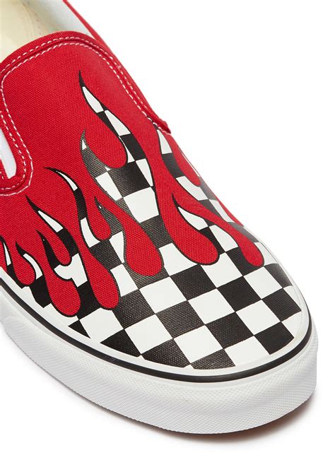 Vans Classic Slip On Checkerboard Flame Canvas Skates In Red For Men