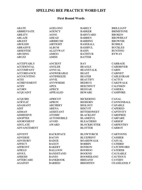 Spelling Bee Word List Sports