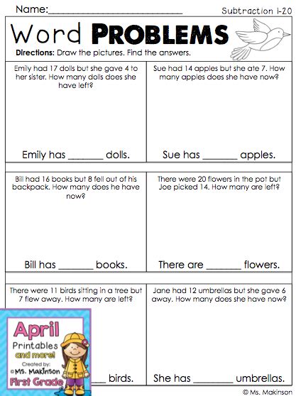 First Grade Subtraction Word Problems Spring Math Printables Math