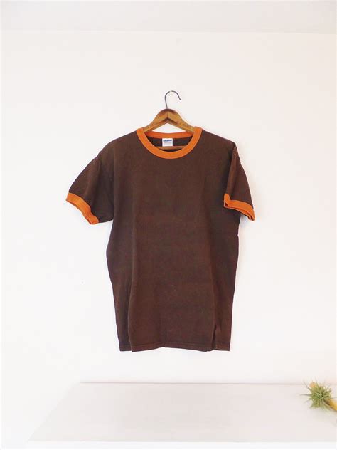 Vintage 1970s Brown Ringer T Shirt Size Medium Shirt Orange And Brown Ringer Tee Gildan Ultra