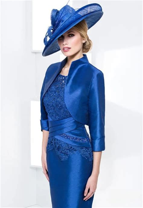High Collar Mother Of The Bride Dresses With Jacket Knee Length Royal Blue Criss Cross Waist