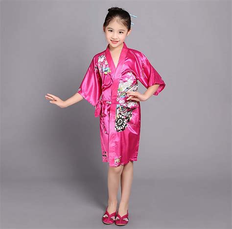 Kids Satin Kimono Robe Short Floral Print Bathrobe Japanese Asian