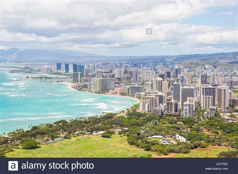 Honolulu Skyline And Waikiki Beach Seen From Diamond Head Hawaii Usa