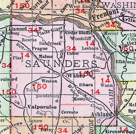 Saunders County Nebraska Map 1912 Wahoo Ashland Valparaiso Cedar