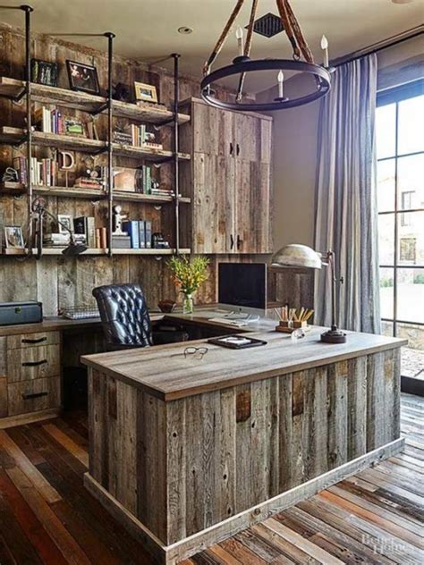 A Home Office With Wooden Walls And Shelves