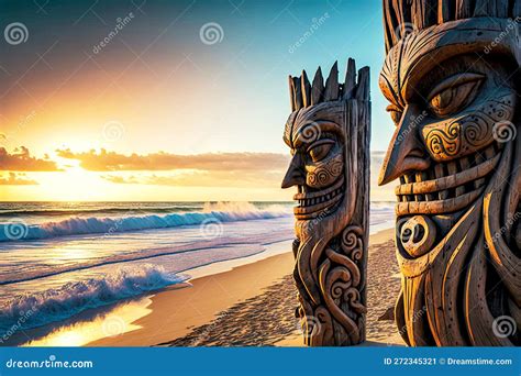 Wooden Statues Of Totems Idols Tiki Mask On Beach Stock Image Image