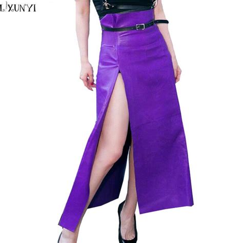 lxunyi autumn fashionable split long leather skirts sexy high waist leather skirt women purple