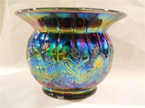Fenton Glass Amethyst Purple Iridized Carnival Jungle Floral Large Spittoon Vase Fenton Glass