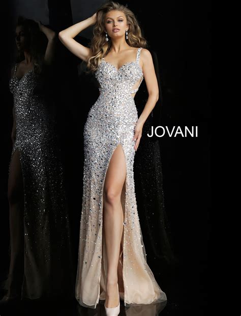 Jovani Nude Silver High Slit Open Back Prom Dress
