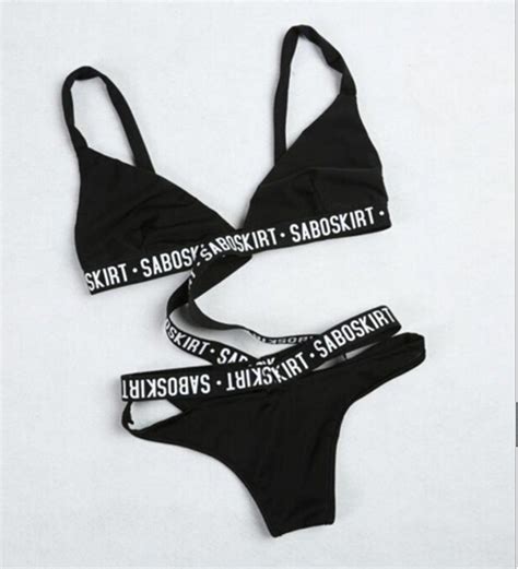 Criss Cross Letter Printed Black Two Piece Halter Bikini Swimsuit For