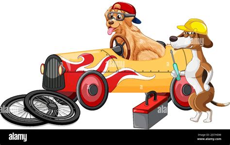 Dogs Driving A Car And Dog Fix The Car On White Background Illustration