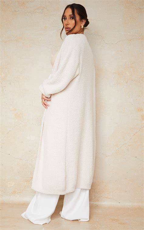 Maternity Cream Fluffy Ribbed Belted Maxi Cardigan Prettylittlething
