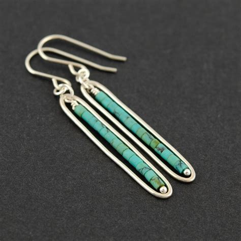 Long Turquoise Dangle Earrings Silver Natural Turquoise Etsy