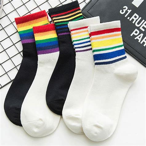 Women Socks Autumn Winter Rainbow Striped Tube Socks Korean Japanese Female Socks Streetwear